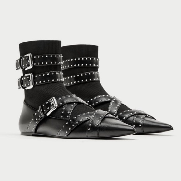 Zara Vegan Buckled Studded Sock Ankle Boot - Picture 5 of 8